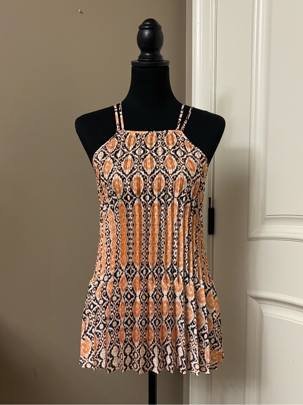 BCBGeneration Women’s Small Navy Sea Multi Ikat Swing Tank Top Crisscross Back